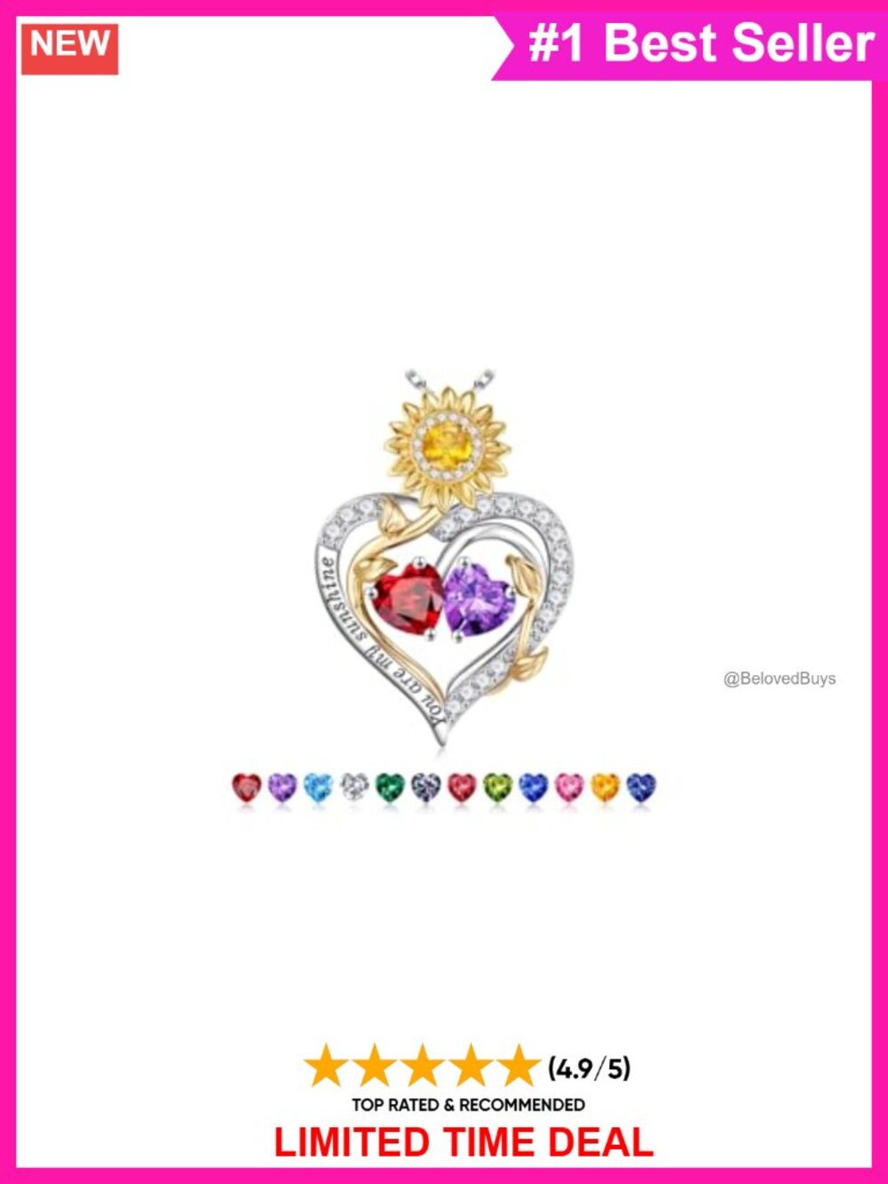 925 Sterling Silver Sunflower Birthstone Necklace Heart Pendant 19in Adjustable